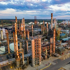 Aerial view of refinery for industrial personal property tax compliance solutions.