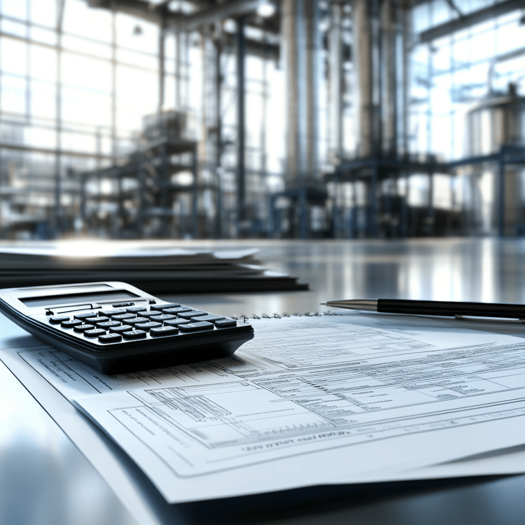 Desk with reports and calculator, with a blurred manufacturing plant in the background, representing personal property compliance for industrial assets.