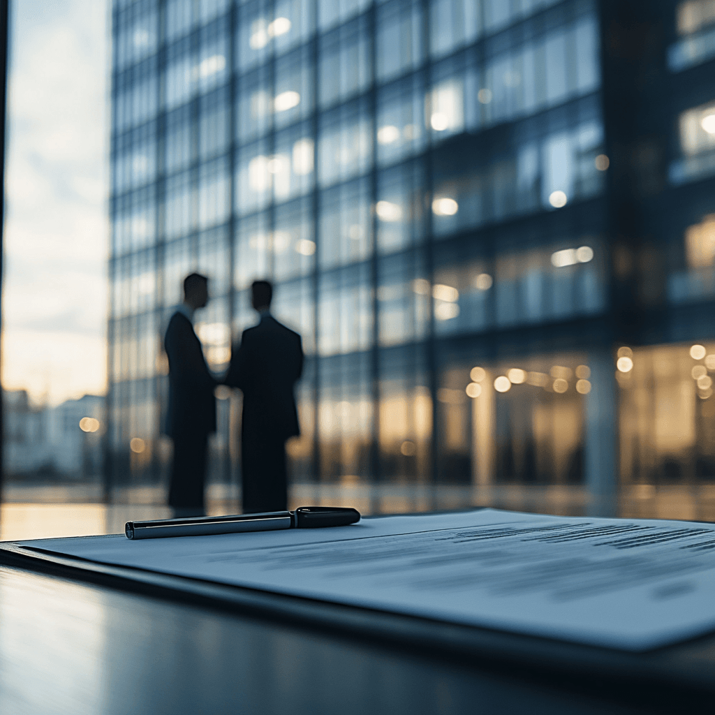 Clipboard on a desk with a blurred background of two people talking and a large corporate office building, symbolizing assessment negotiation and appeal services.