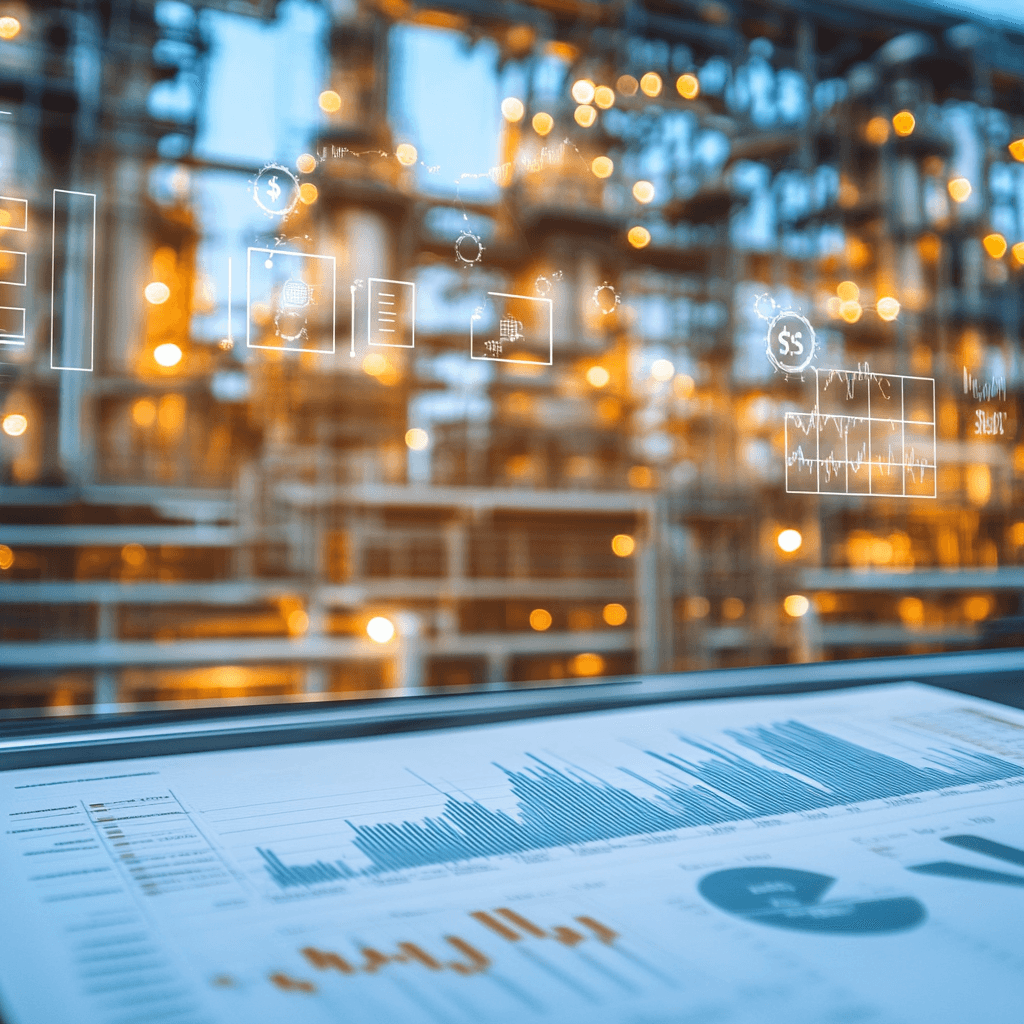 Reports on a desk with a blurred refinery in the background, symbolizing audit management services for industrial facilities.