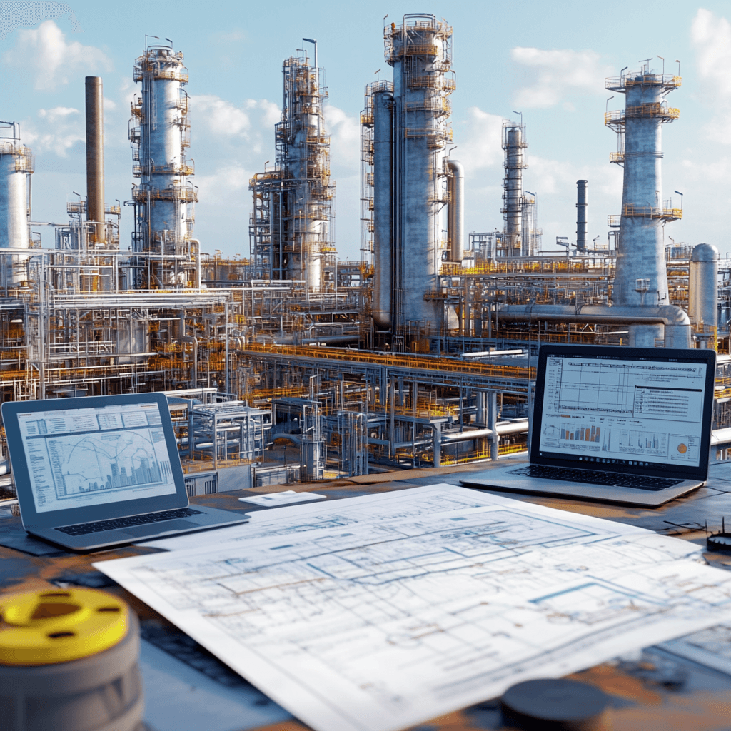 Desk with blueprint, two laptops displaying graphs and reports, and a large refinery in the background, illustrating real property analysis for industrial facilities.