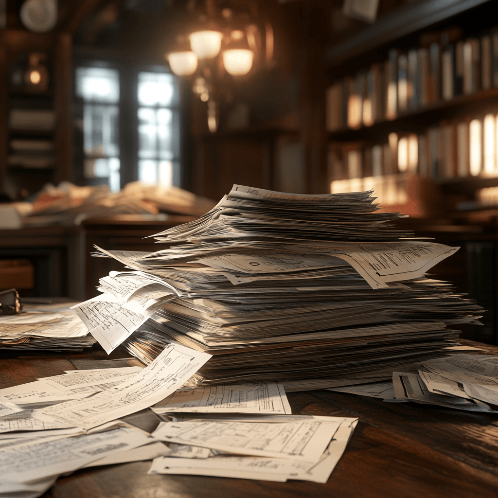 Desk with a messy pile of papers and checks, with a blurred office background, representing tax verification and payment services for businesses.