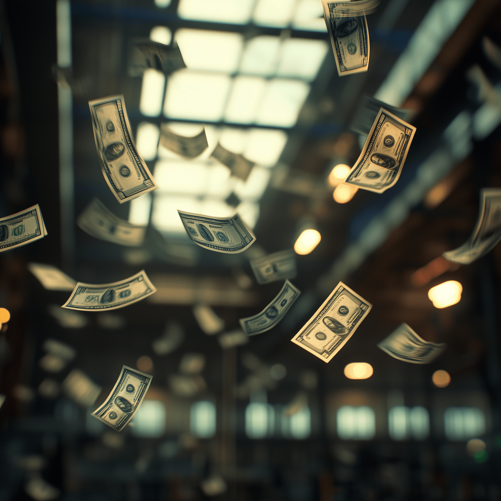 Money falling from the sky against a blurred warehouse background, symbolizing incentive procurement for industrial tax savings.