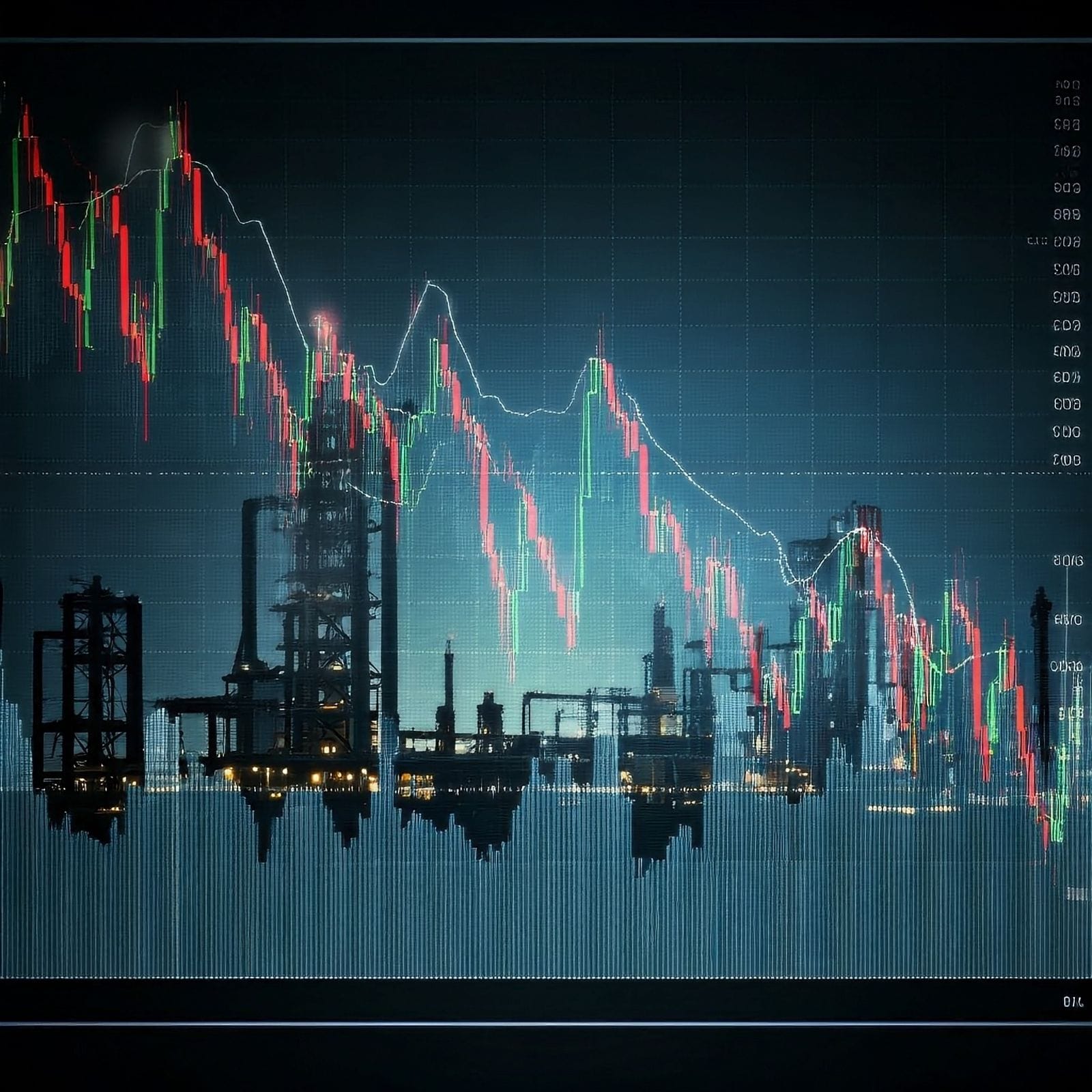 Oil refinery at night with overlay of downward-sloping graph, representing strategic tax planning to reduce industrial property taxes.